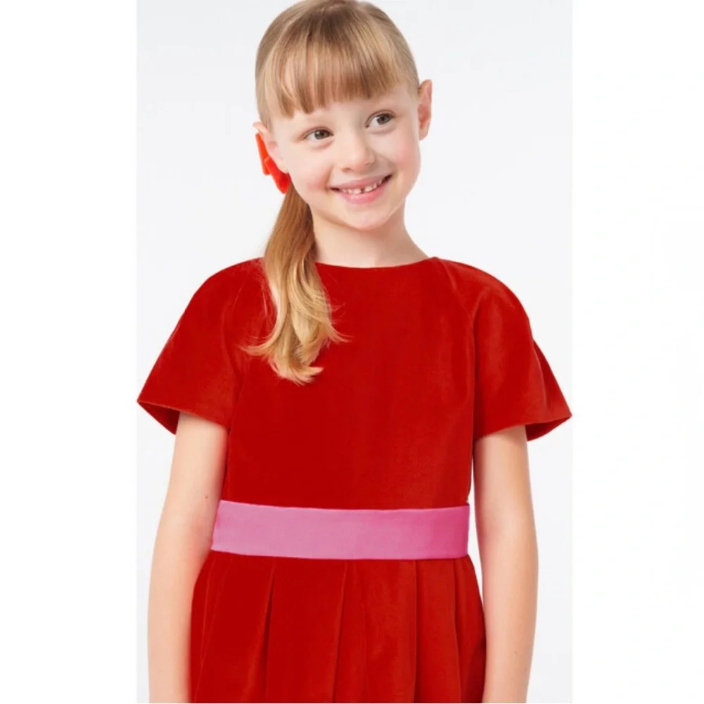 Jacadi Girls Philippine Dark Orange Pleated Velvet Holiday Dress w/ Pink Bow